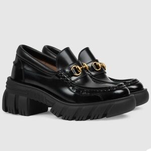 Gucci Black Leather Chunky Horsebit Loafers with Gold Hardware